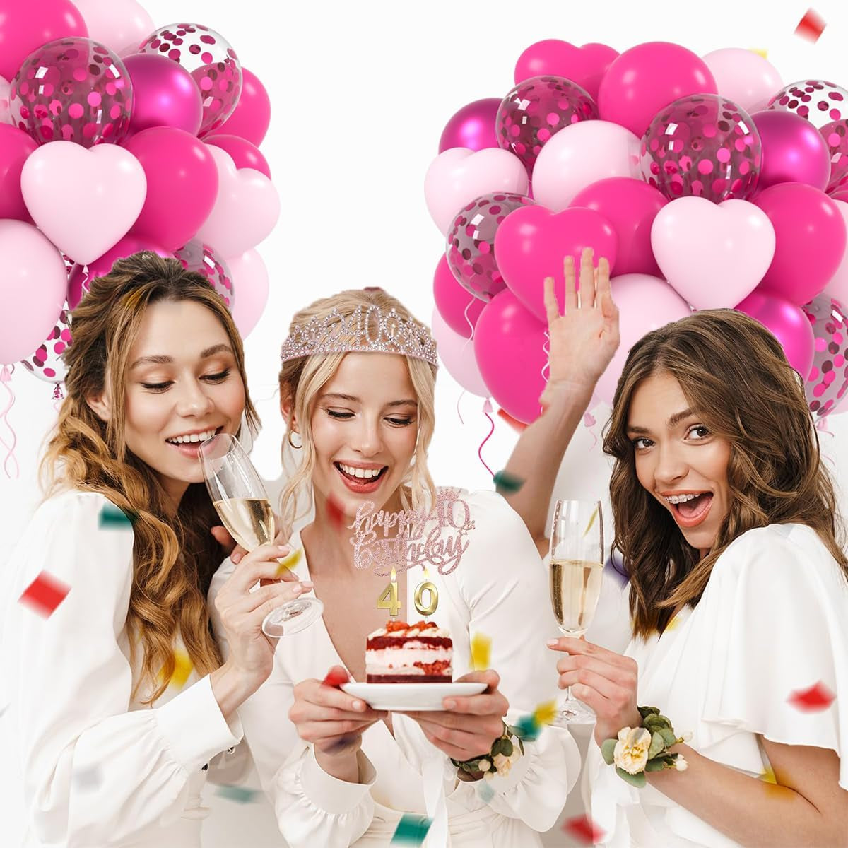 Metallic Pink Chrome Magenta Heart Balloons Set, 12 Inch 60PCS Dark Rose Red Pinks Balloons Confetti Balloon for Birthday Princess Baby Shower Wedding Decorations (Hot Pink Magenta Pink)