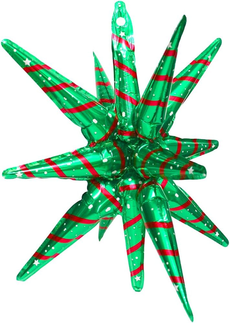 4D Red Green Balloon New Year Merry Christmas Decoration One-Piece Explosion Star Party Supplies, 6 Pack 22'' 14 Point Spike Star Cone Balloon Fireworks Balloons for Birthday Disco Casino Movie Night