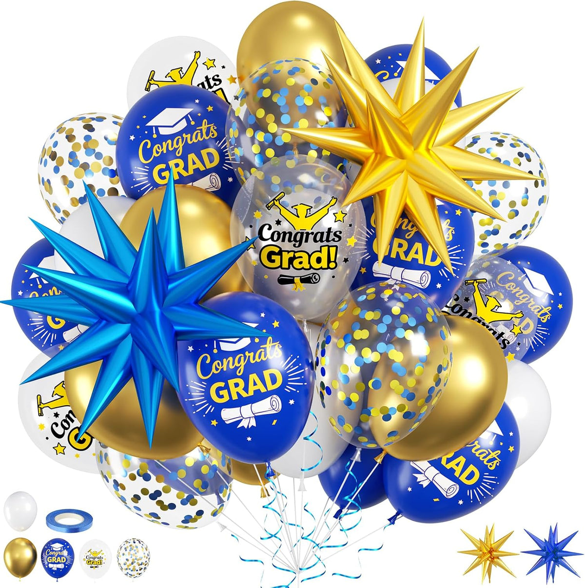 Graduation Balloons, Blue Gold Star Balloons for Class of 2026 Grad Party