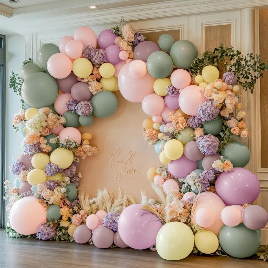 Double Stuffed Dusty Green Pink Yellow Balloon Garland Kit
