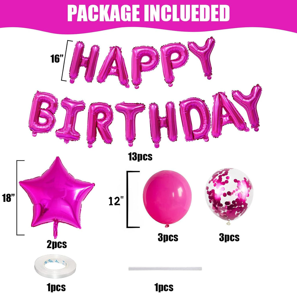 Hot Pink 16Inch Foil Happy Birthday Balloons Banner with Confetti, 21Pcs, Unisex Children, Adults