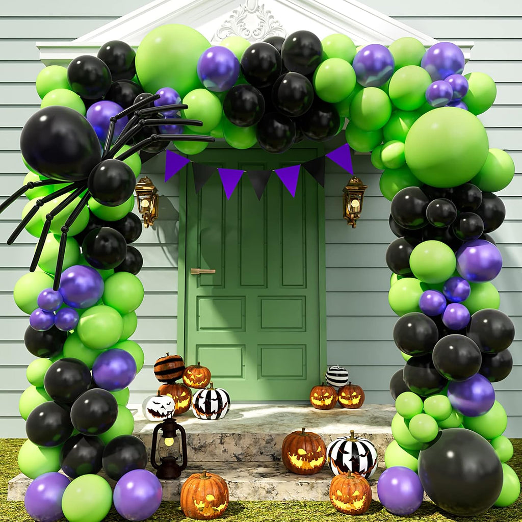 Halloween Balloon Garland Arch Kit with Black Green Metallic Purple Balloons Spider Balloons for Halloween Theme Party Background Classroom Decorations Party Supply