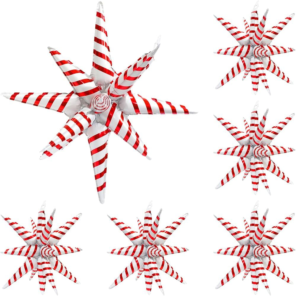 4D Red Green Balloon New Year Merry Christmas Decoration One-Piece Explosion Star Party Supplies, 6 Pack 22'' 14 Point Spike Star Cone Balloon Fireworks Balloons for Birthday Disco Casino Movie Night