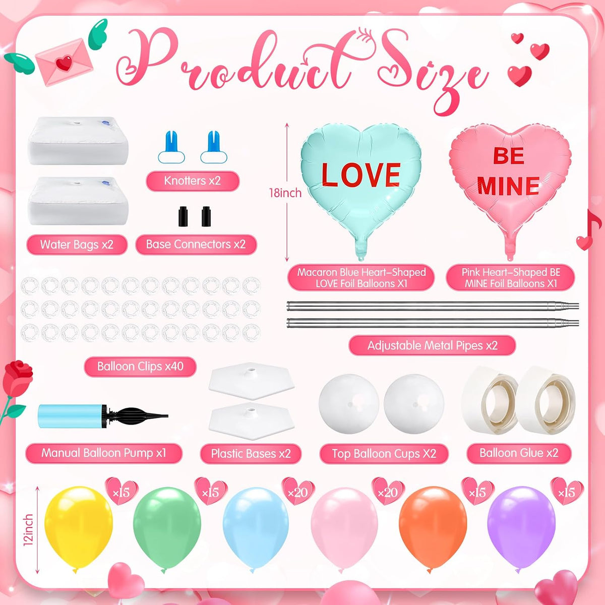 2 Set Valentines Day Balloon Column Stand Kit with 2 Candy Pastel Heart Love Foil Balloons, Valentines Day Arch Garland Stands for Valentine'S Wedding Anniversary Party Supplies Decoration