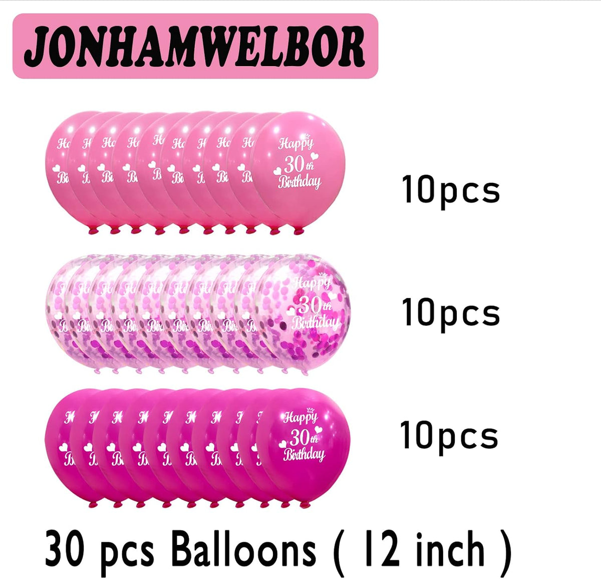 Happy 30Th Birthday Balloon (30Pcs 12Inch) Hot Pink and Pink Latex Inflatable Confetti Anniversary Party Helium Balloons Decorations Supplies for 30 Year Old Women,Her,Daughter,Sister
