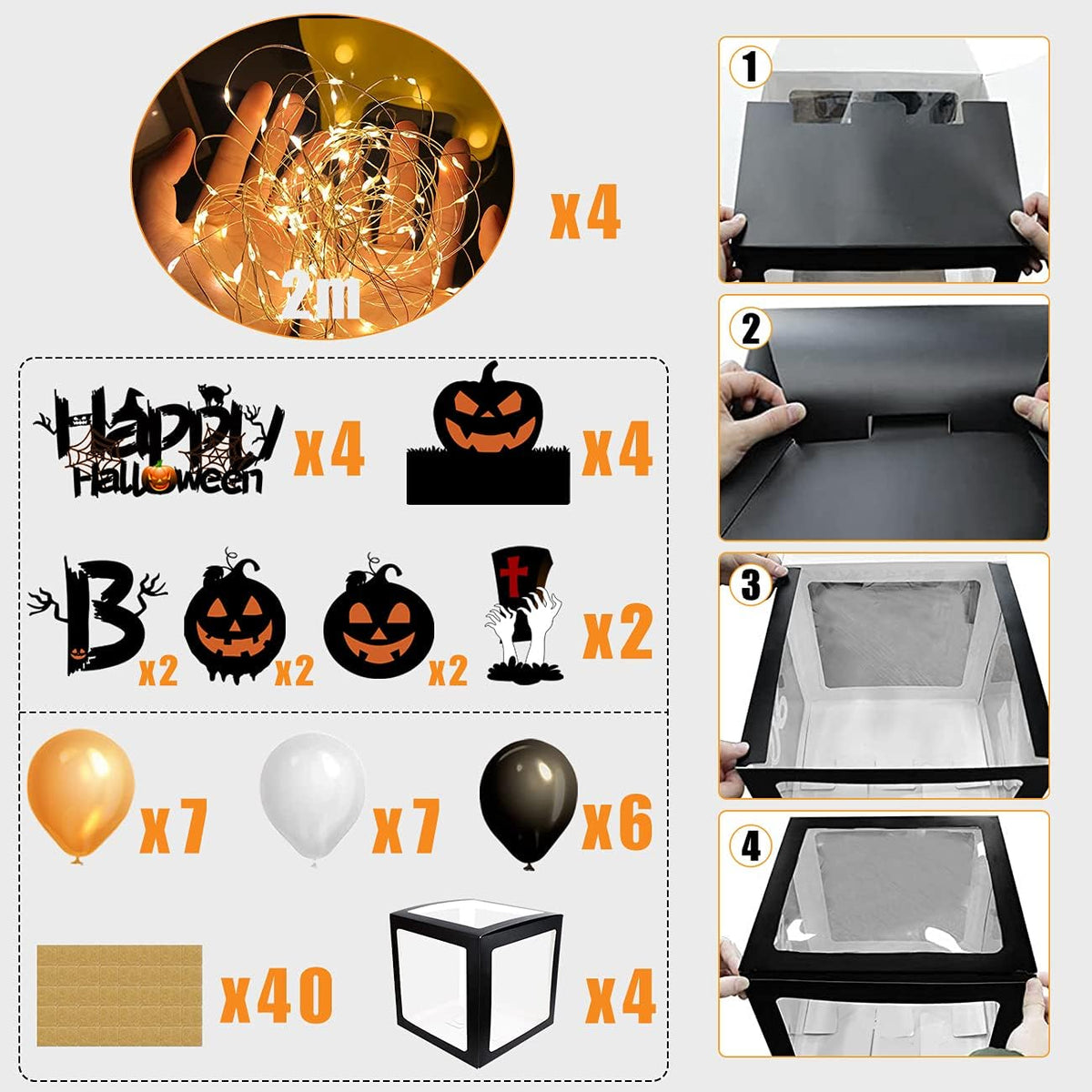Halloween Party Decorations Balloons Boxes, 4 Pcs Boo Outdoor Indoor Transparent Box for Halloween Baby Shower with 4 LED Light Strings Party Decorations Supplies Favors