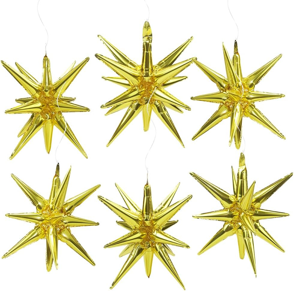 4D Red Green Balloon New Year Merry Christmas Decoration One-Piece Explosion Star Party Supplies, 6 Pack 22'' 14 Point Spike Star Cone Balloon Fireworks Balloons for Birthday Disco Casino Movie Night