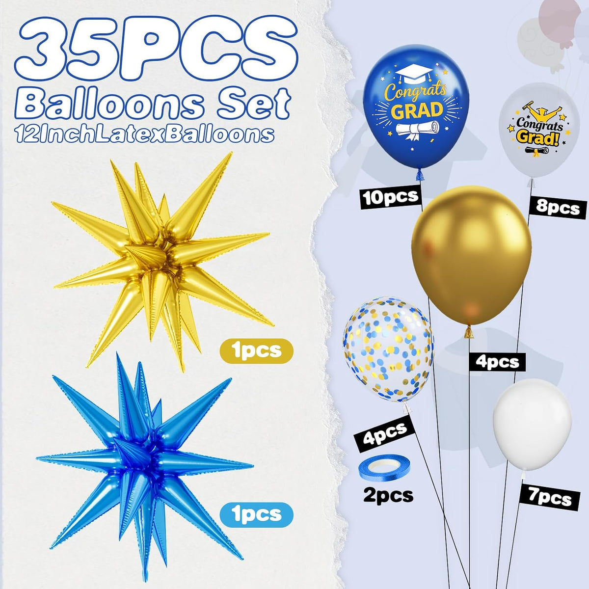 Graduation Balloons, Blue Gold Star Balloons for Class of 2026 Grad Party