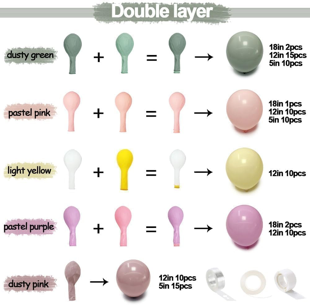Double Stuffed Dusty Green Pink Yellow Balloon Garland Kit