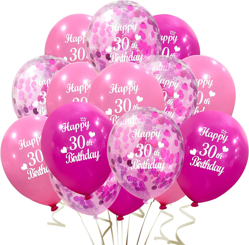 Happy 30Th Birthday Balloon (30Pcs 12Inch) Hot Pink and Pink Latex Inflatable Confetti Anniversary Party Helium Balloons Decorations Supplies for 30 Year Old Women,Her,Daughter,Sister