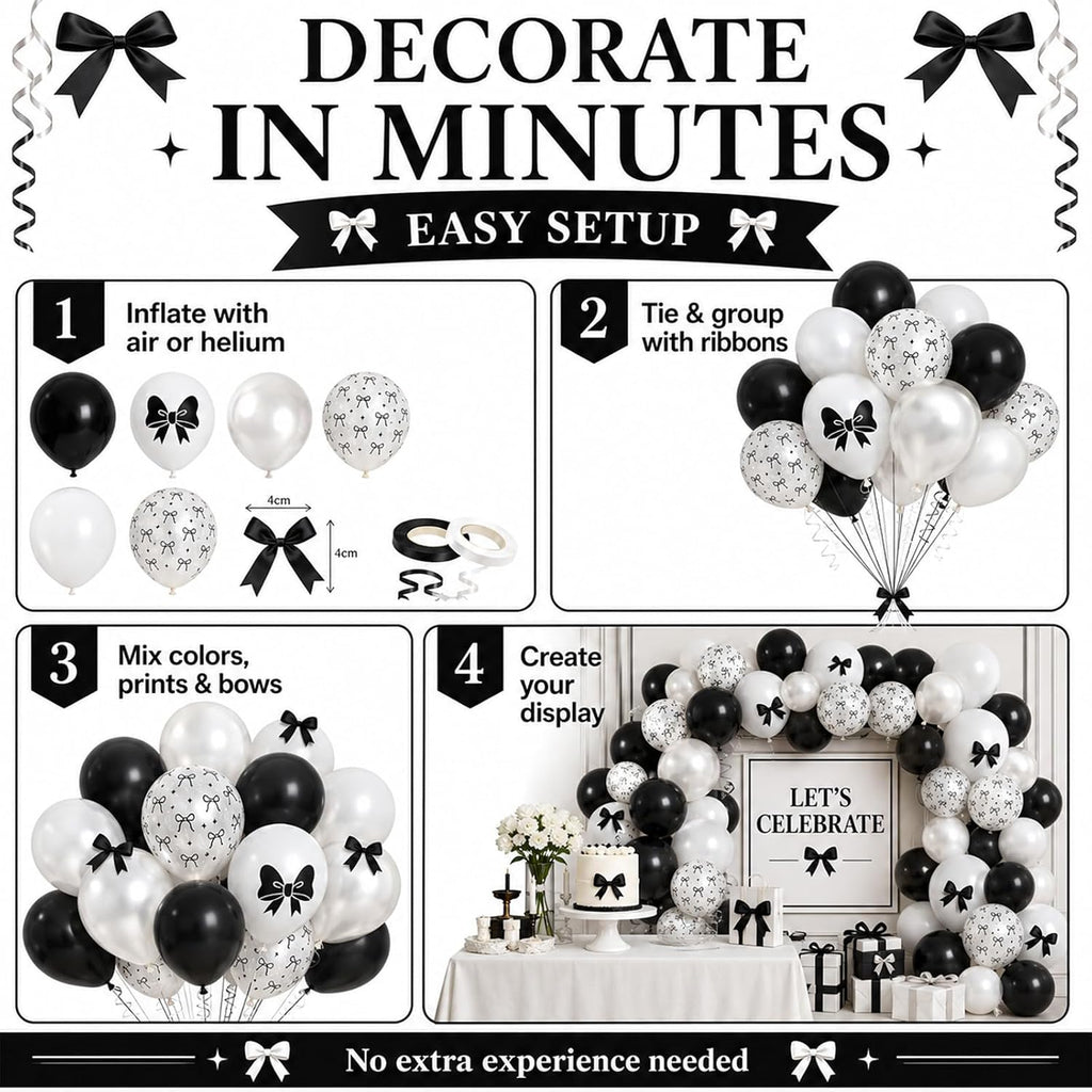 Black Bow Balloons 60PCS Printed Bow for Girls Birthday Bridal Shower Party