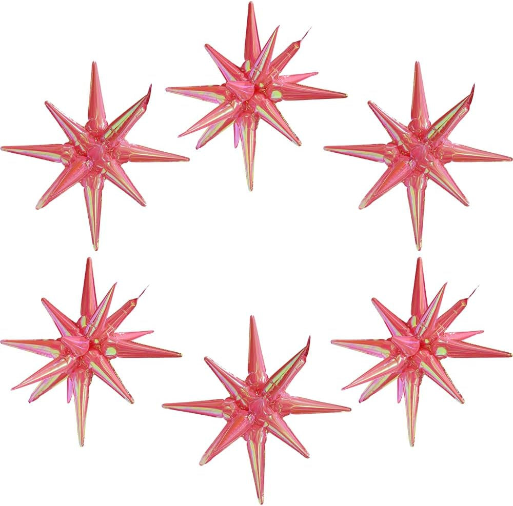 4D Red Green Balloon New Year Merry Christmas Decoration One-Piece Explosion Star Party Supplies, 6 Pack 22'' 14 Point Spike Star Cone Balloon Fireworks Balloons for Birthday Disco Casino Movie Night