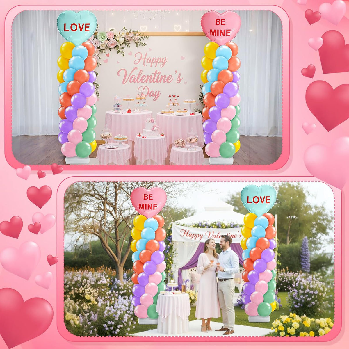 2 Set Valentines Day Balloon Column Stand Kit with 2 Candy Pastel Heart Love Foil Balloons, Valentines Day Arch Garland Stands for Valentine'S Wedding Anniversary Party Supplies Decoration