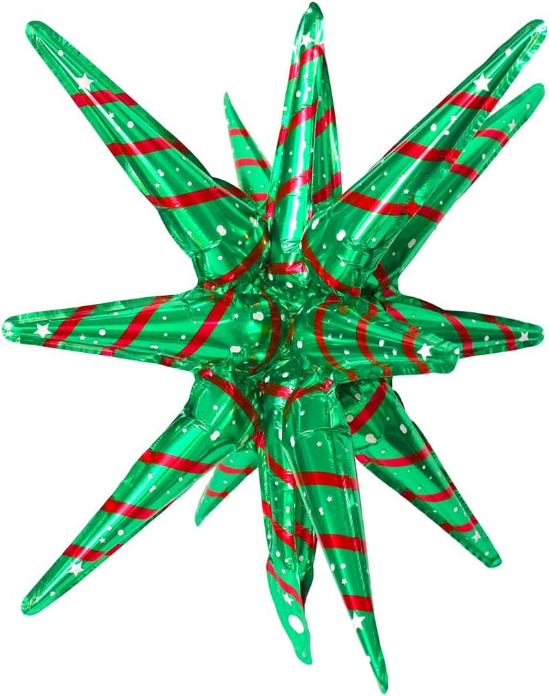 4D Red Green Balloon New Year Merry Christmas Decoration One-Piece Explosion Star Party Supplies, 6 Pack 22'' 14 Point Spike Star Cone Balloon Fireworks Balloons for Birthday Disco Casino Movie Night