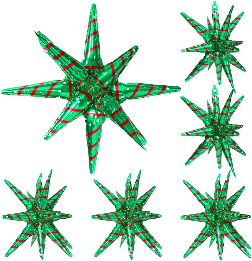 4D Red Green Balloon New Year Merry Christmas Decoration One-Piece Explosion Star Party Supplies, 6 Pack 22'' 14 Point Spike Star Cone Balloon Fireworks Balloons for Birthday Disco Casino Movie Night