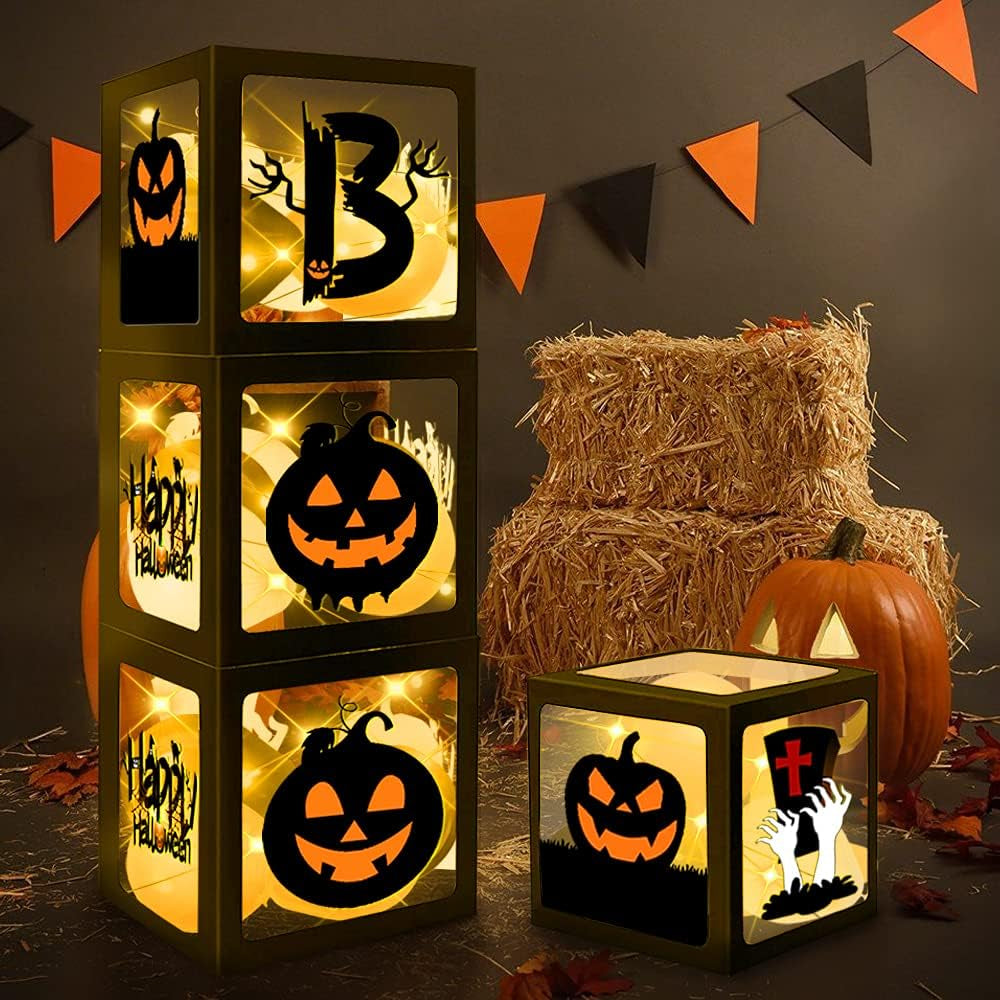 Halloween Party Decorations Balloons Boxes, 4 Pcs Boo Outdoor Indoor Transparent Box for Halloween Baby Shower with 4 LED Light Strings Party Decorations Supplies Favors