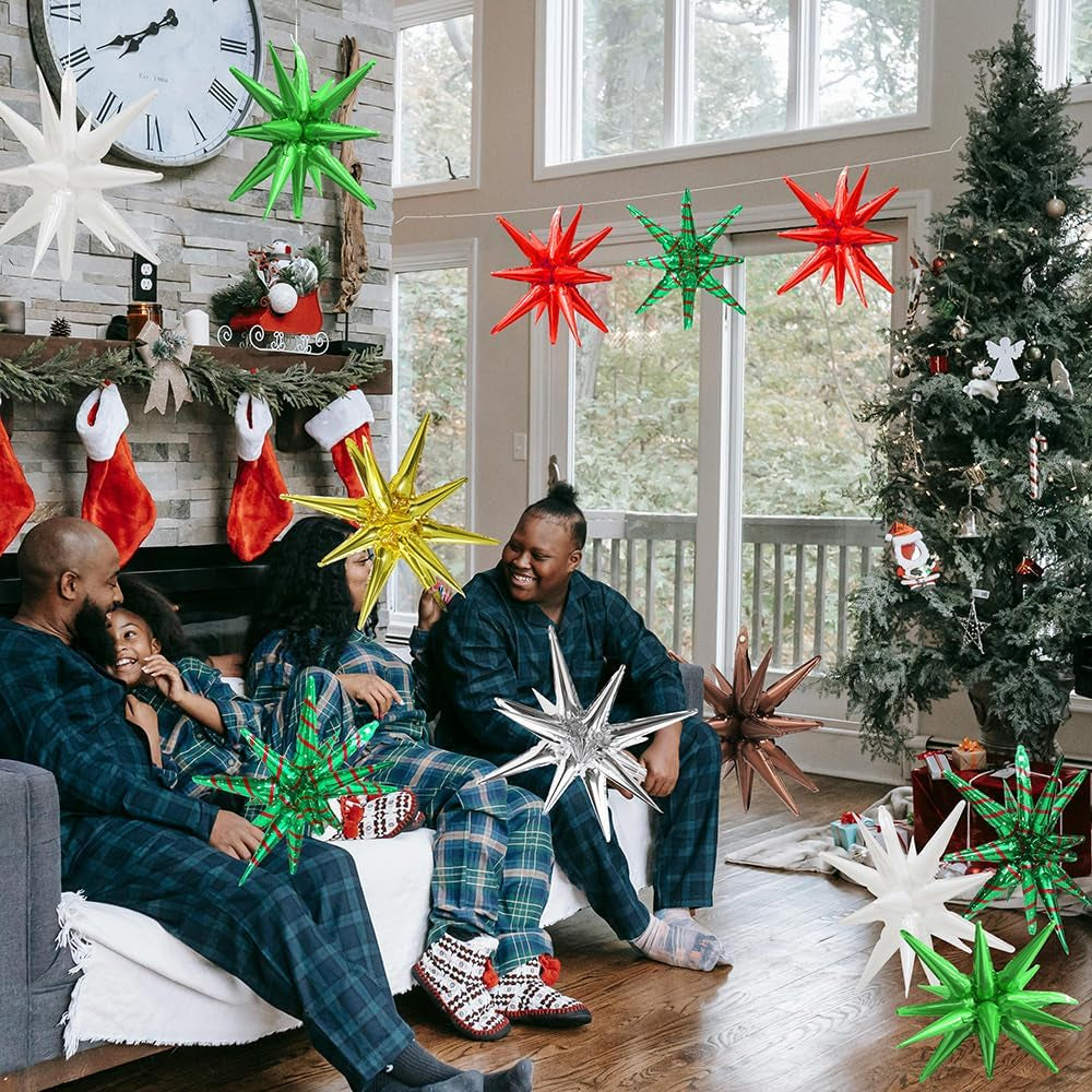 4D Red Green Balloon New Year Merry Christmas Decoration One-Piece Explosion Star Party Supplies, 6 Pack 22'' 14 Point Spike Star Cone Balloon Fireworks Balloons for Birthday Disco Casino Movie Night