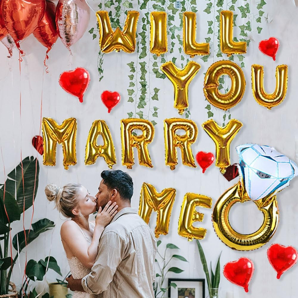 Will You Marry Me Letter Balloons Banner, 16Inch Gold Letter Foil Balloons Red Heart Mylar Balloons for Love Wedding Party Decorations
