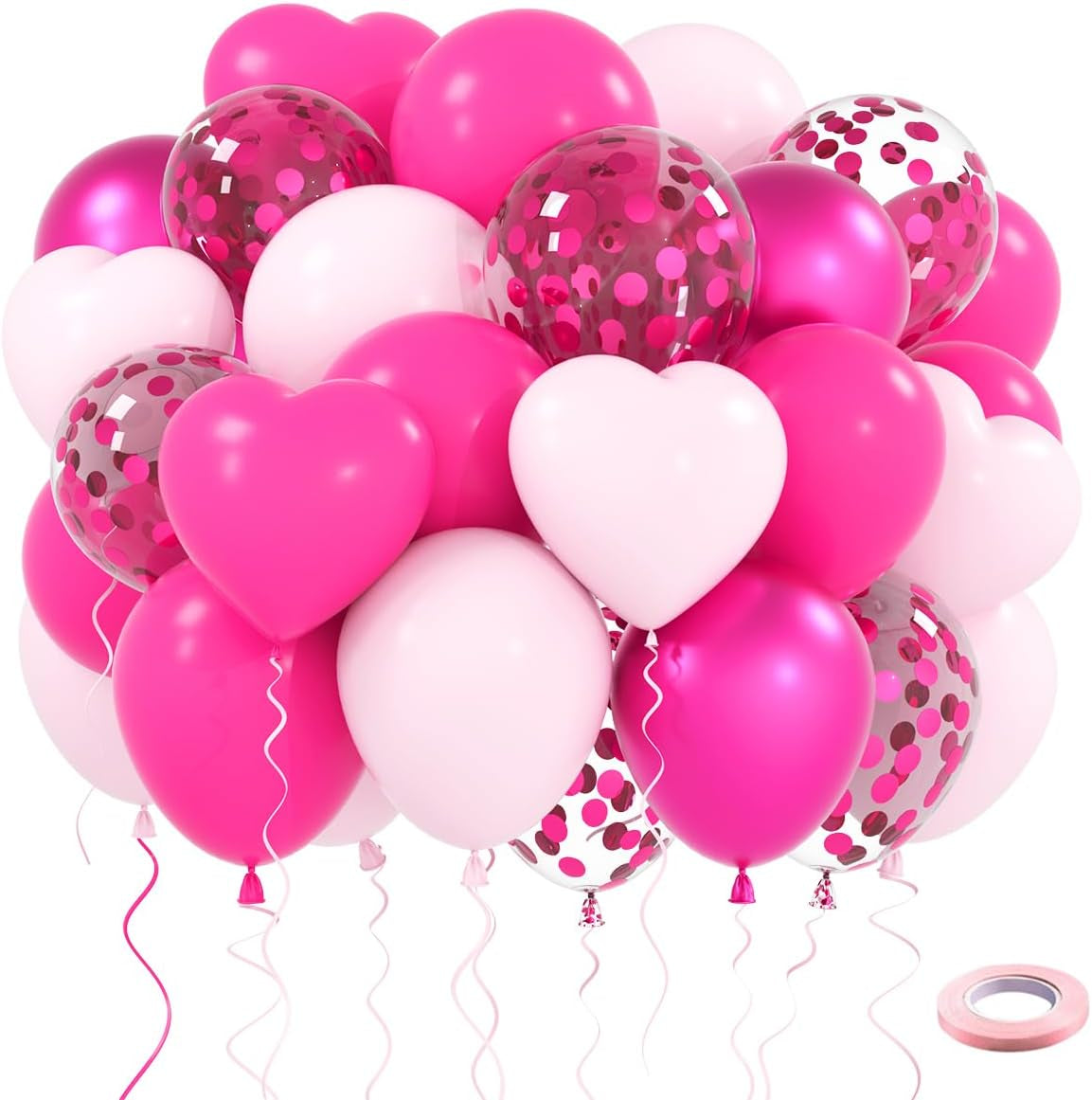 Metallic Pink Chrome Magenta Heart Balloons Set, 12 Inch 60PCS Dark Rose Red Pinks Balloons Confetti Balloon for Birthday Princess Baby Shower Wedding Decorations (Hot Pink Magenta Pink)