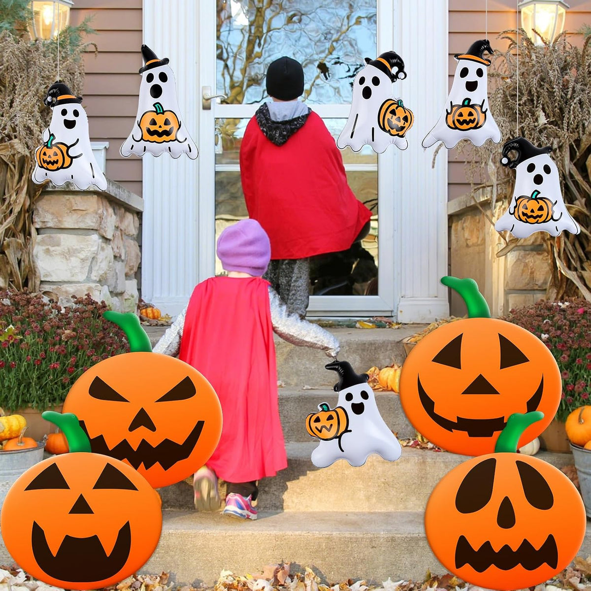 10 PCS 16 Inch, 9 Inch Halloween Inflatable Balloons Inflatable Halloween Pumpkin Ghost Decorations PVC Large Pumpkin Balloons for Haunted House Horror Party Yard Garden Home Decor