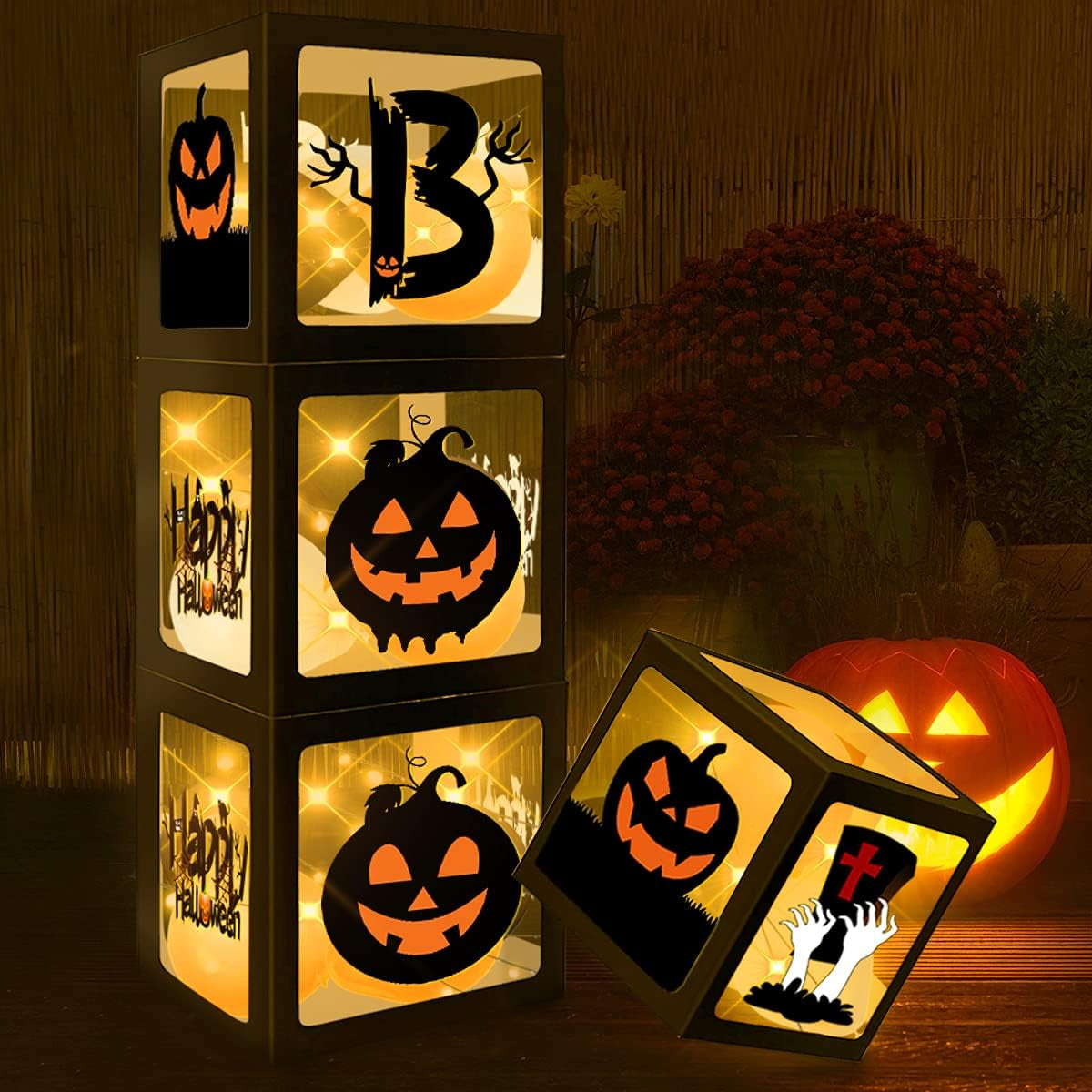 Halloween Party Decorations Balloons Boxes, 4 Pcs Boo Outdoor Indoor Transparent Box for Halloween Baby Shower with 4 LED Light Strings Party Decorations Supplies Favors