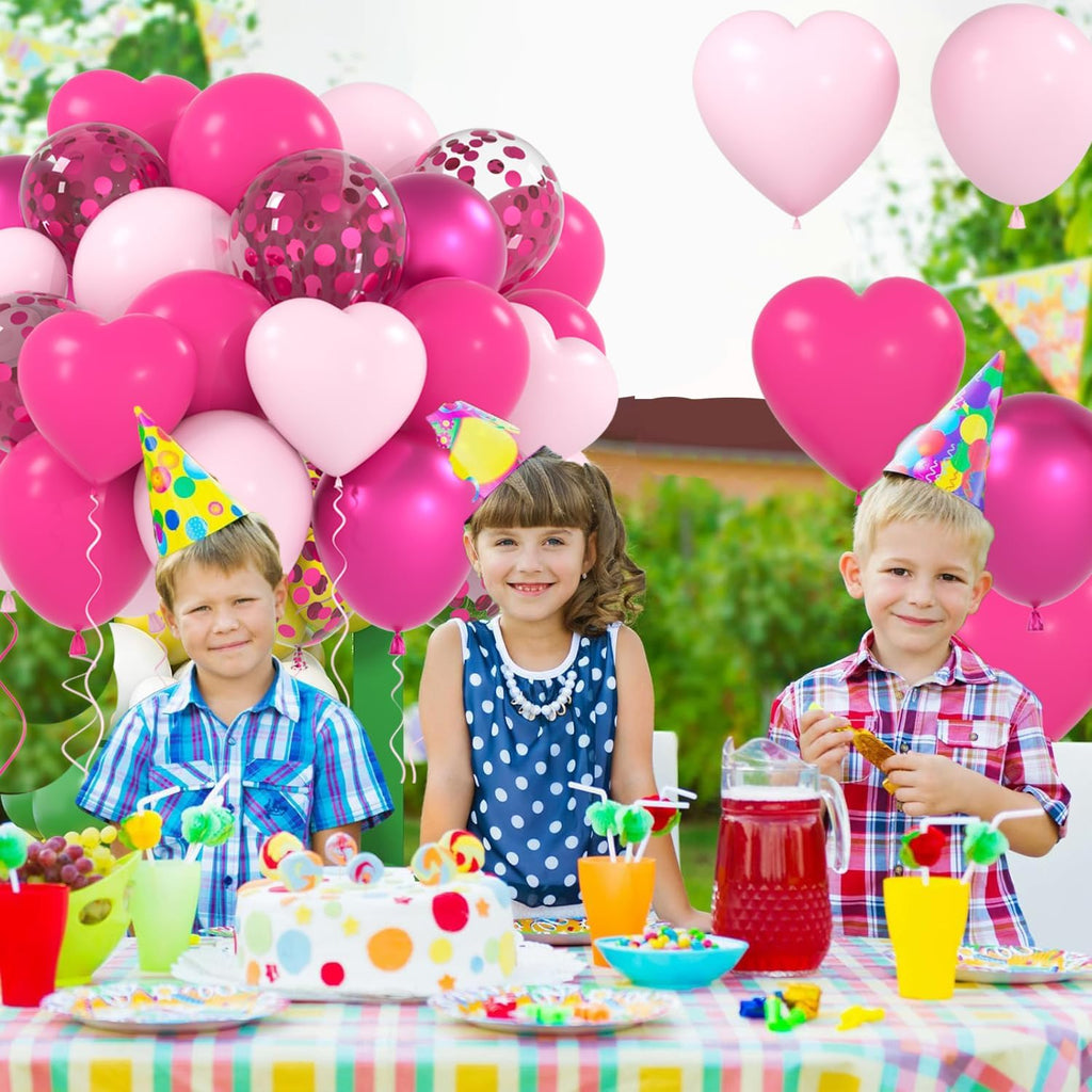 Metallic Pink Chrome Magenta Heart Balloons Set, 12 Inch 60PCS Dark Rose Red Pinks Balloons Confetti Balloon for Birthday Princess Baby Shower Wedding Decorations (Hot Pink Magenta Pink)