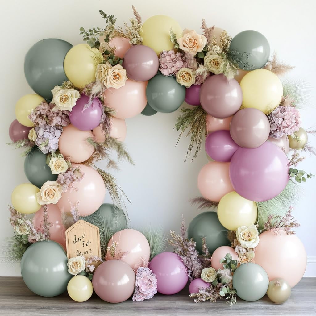 Double Stuffed Dusty Green Pink Yellow Balloon Garland Kit