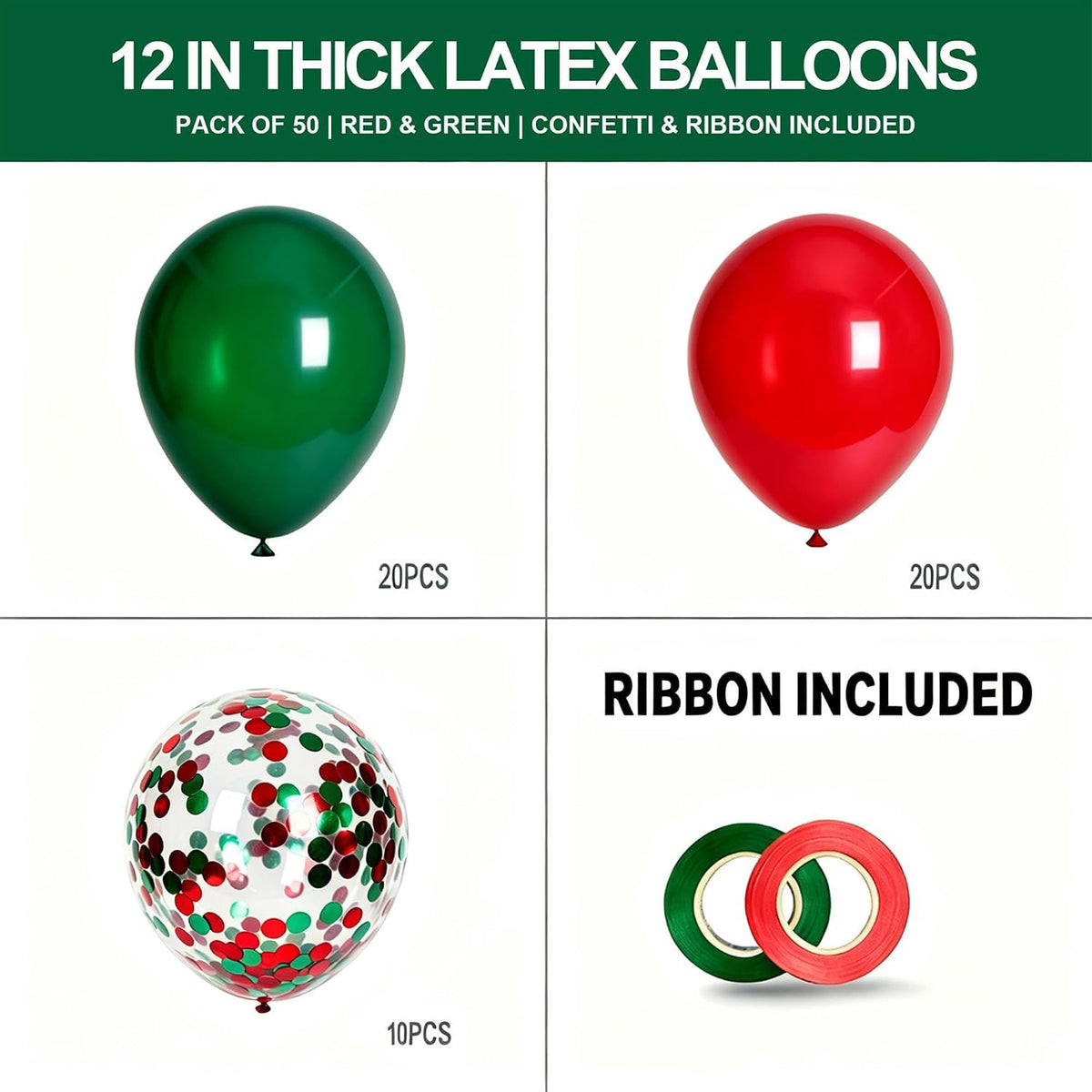 Red and Dark Green Balloons, 50Pcs 12In Christmas Party Balloons
