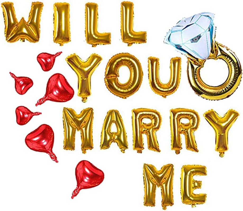 Will You Marry Me Letter Balloons Banner, 16Inch Gold Letter Foil Balloons Red Heart Mylar Balloons for Love Wedding Party Decorations