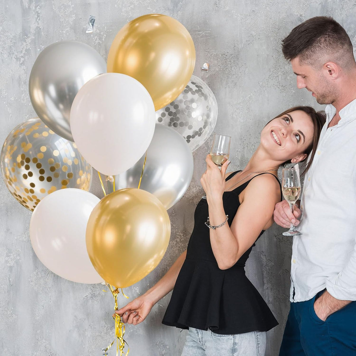 Gender Reveal 60 Pcs Balloons for Birthday Party，12 Inch Gold and Silver Latex Metallic Balloons 12 Inch Gold and Silver Confetti Balloons for Birthday Party Wedding Anniversary