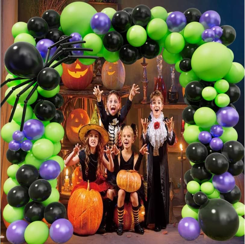 Halloween Balloon Garland Arch Kit with Black Green Metallic Purple Balloons Spider Balloons for Halloween Theme Party Background Classroom Decorations Party Supply