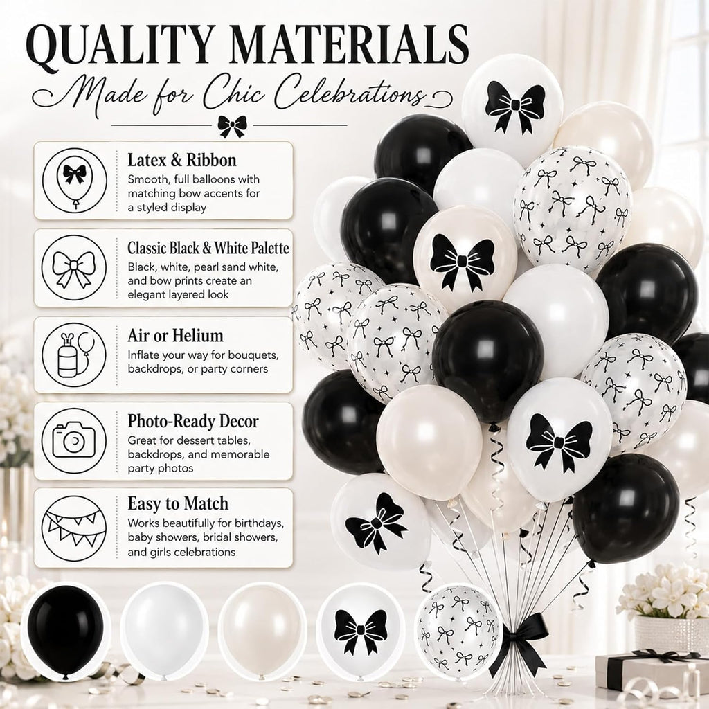 Black Bow Balloons 60PCS Printed Bow for Girls Birthday Bridal Shower Party