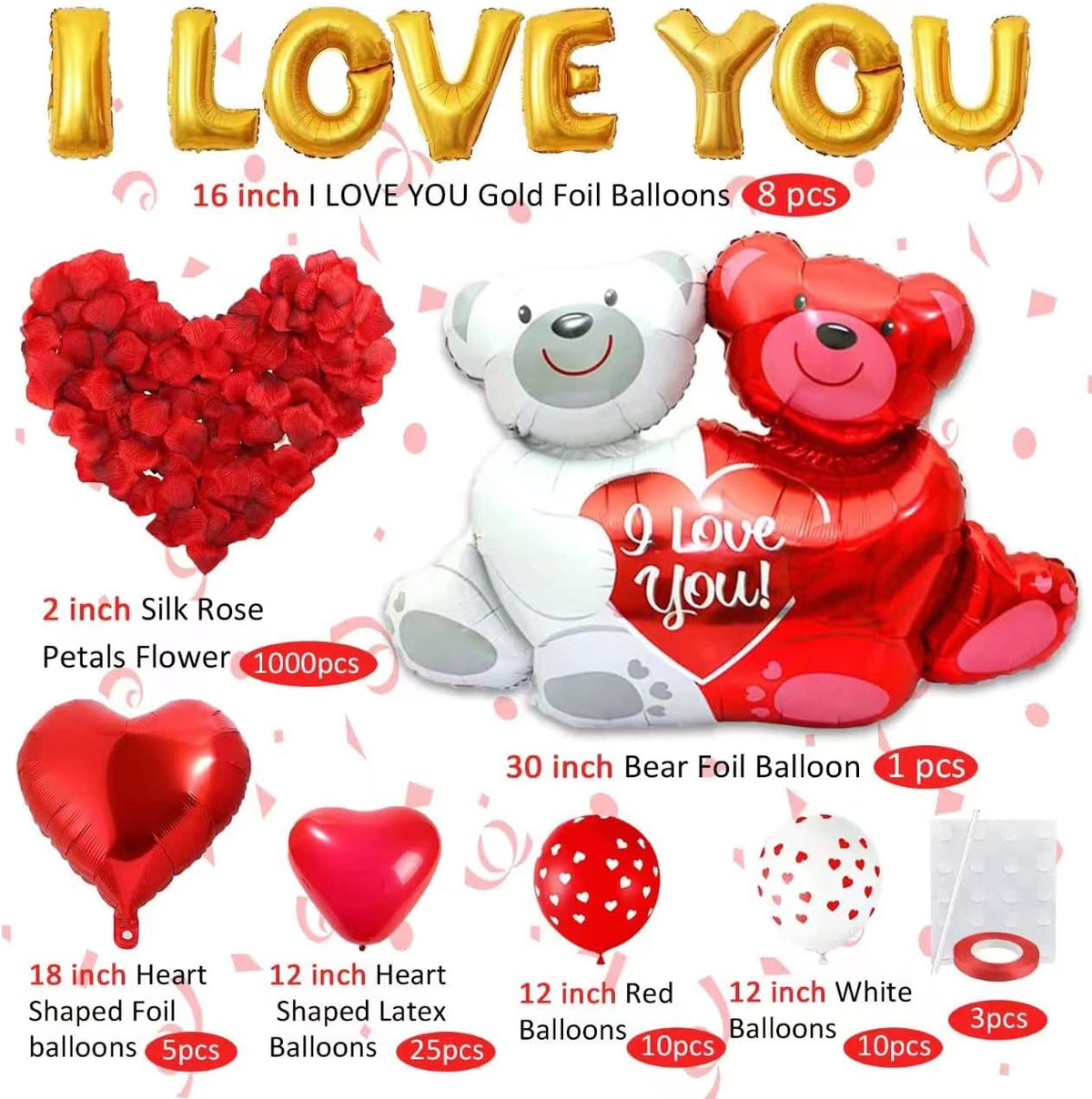 1062Pcs Valentine'S Day Balloons Decoration Set, 1000 Red Rose Leaves, Love Heart Balloons, Love Bear Balloons, I Love You Balloons, Red Heart Balloons, Romantic Decor for Wedding Anniversary