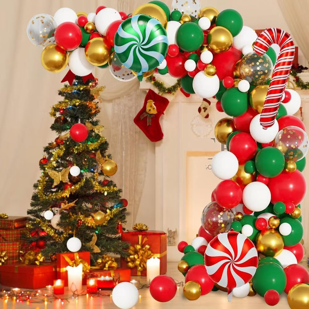Christmas Balloons Garland Arch Kit Red White Green Balloons Candy Cane Foil Balloons Merry Christmas Birthday Party Decorations Supplies