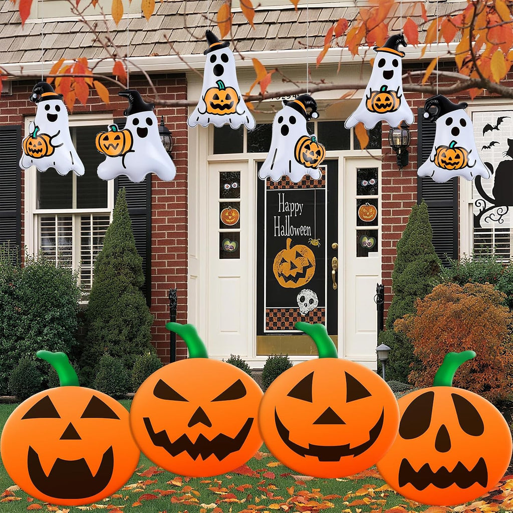 10 PCS 16 Inch, 9 Inch Halloween Inflatable Balloons Inflatable Halloween Pumpkin Ghost Decorations PVC Large Pumpkin Balloons for Haunted House Horror Party Yard Garden Home Decor