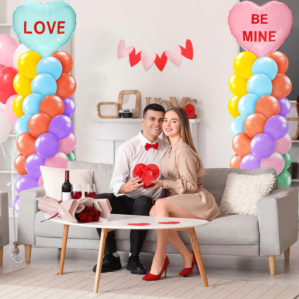 2 Set Valentines Day Balloon Column Stand Kit with 2 Candy Pastel Heart Love Foil Balloons, Valentines Day Arch Garland Stands for Valentine'S Wedding Anniversary Party Supplies Decoration