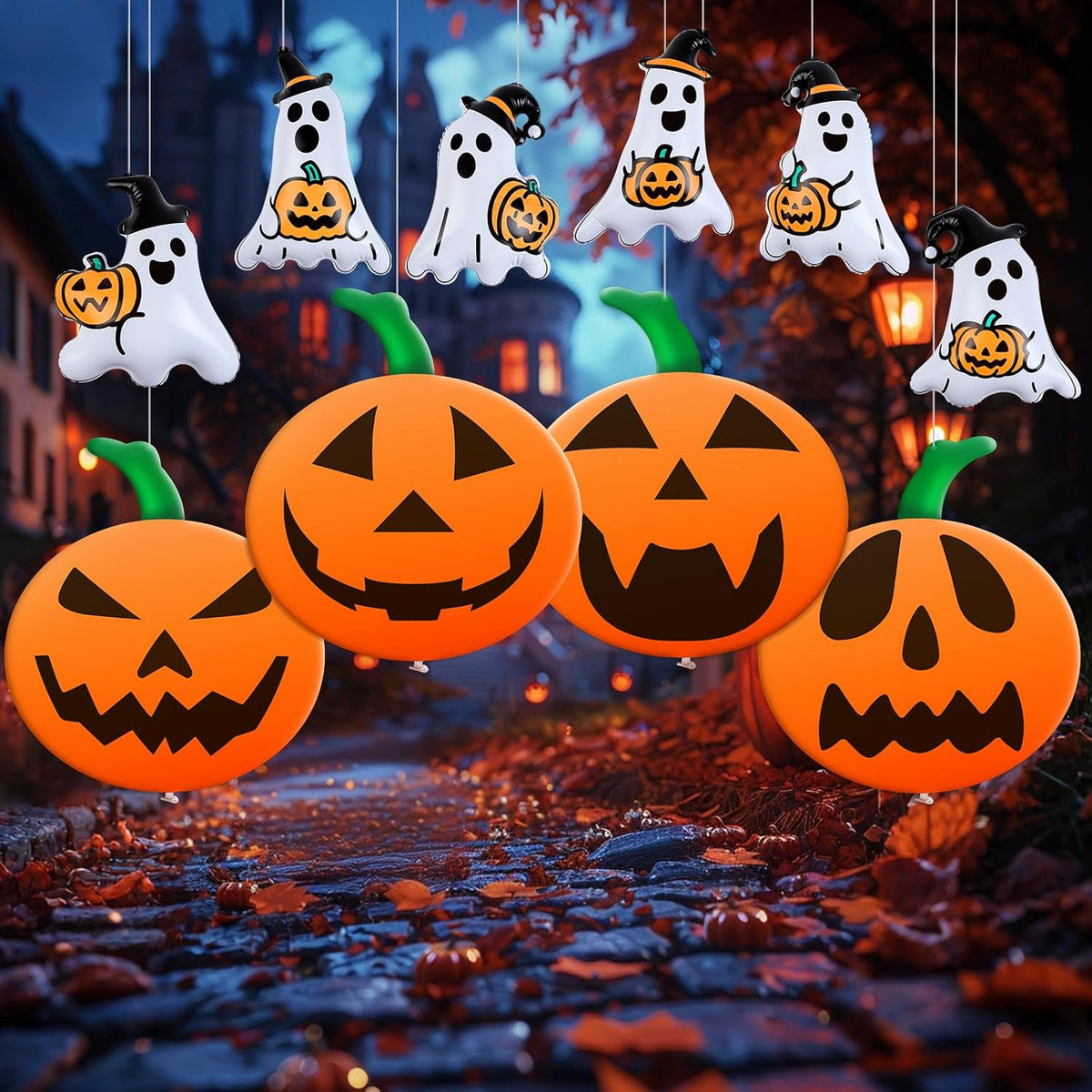 10 PCS 16 Inch, 9 Inch Halloween Inflatable Balloons Inflatable Halloween Pumpkin Ghost Decorations PVC Large Pumpkin Balloons for Haunted House Horror Party Yard Garden Home Decor