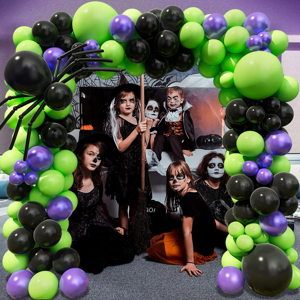 Halloween Balloon Garland Arch Kit with Black Green Metallic Purple Balloons Spider Balloons for Halloween Theme Party Background Classroom Decorations Party Supply