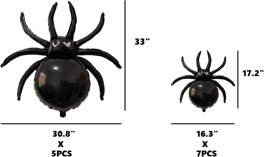 12PCS Halloween Black Spider Balloons - 33" Giant and 17.2" Small Spiders Foil Balloon for Halloween Decoration Day of Death New Year Birthday Spooky Party Supplier