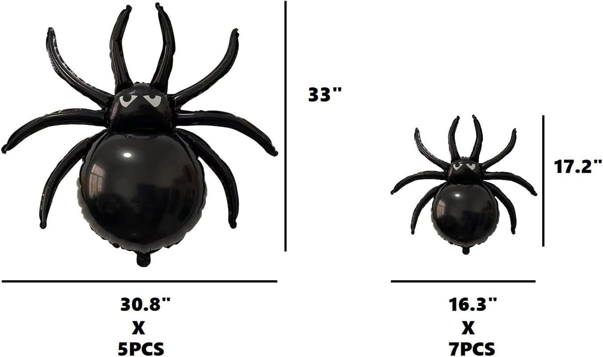 12PCS Halloween Black Spider Balloons - 33" Giant and 17.2" Small Spiders Foil Balloon for Halloween Decoration Day of Death New Year Birthday Spooky Party Supplier