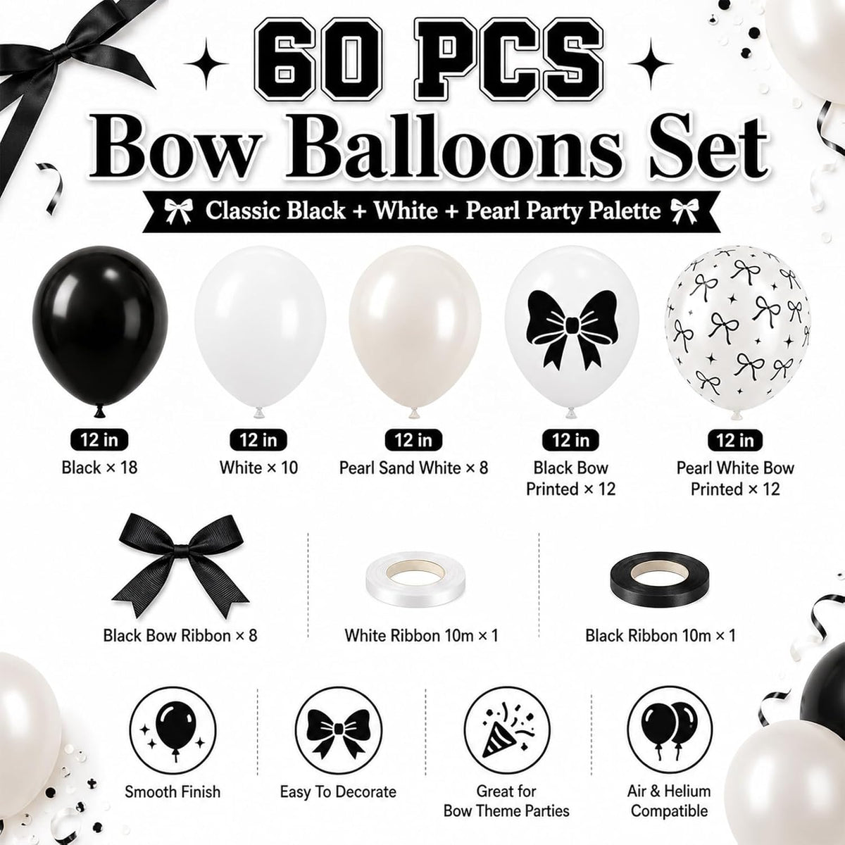 Black Bow Balloons 60PCS Printed Bow for Girls Birthday Bridal Shower Party