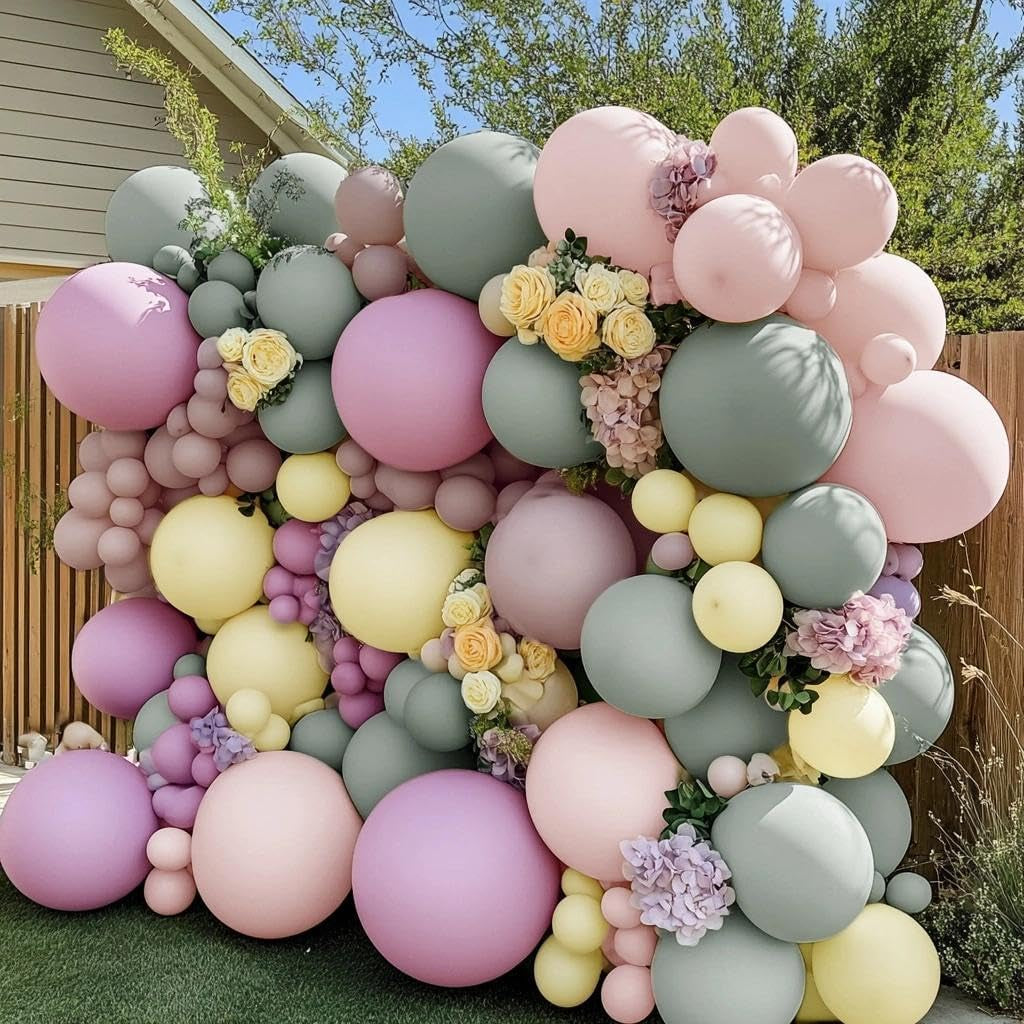 Double Stuffed Dusty Green Pink Yellow Balloon Garland Kit
