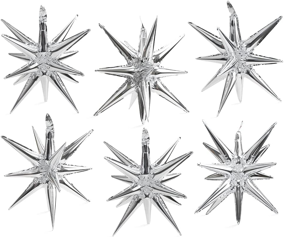 4D Red Green Balloon New Year Merry Christmas Decoration One-Piece Explosion Star Party Supplies, 6 Pack 22'' 14 Point Spike Star Cone Balloon Fireworks Balloons for Birthday Disco Casino Movie Night