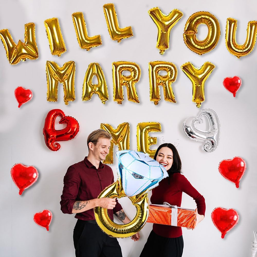 Will You Marry Me Letter Balloons Banner, 16Inch Gold Letter Foil Balloons Red Heart Mylar Balloons for Love Wedding Party Decorations