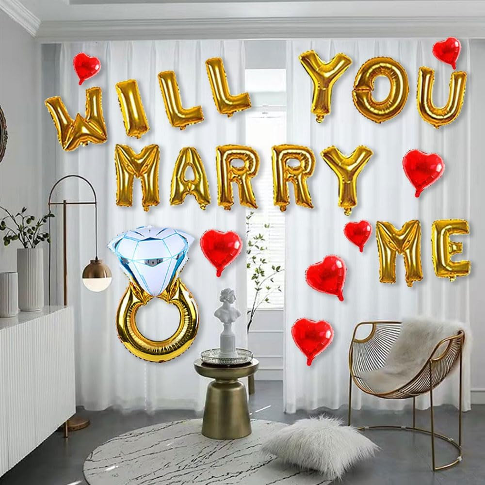 Will You Marry Me Letter Balloons Banner, 16Inch Gold Letter Foil Balloons Red Heart Mylar Balloons for Love Wedding Party Decorations