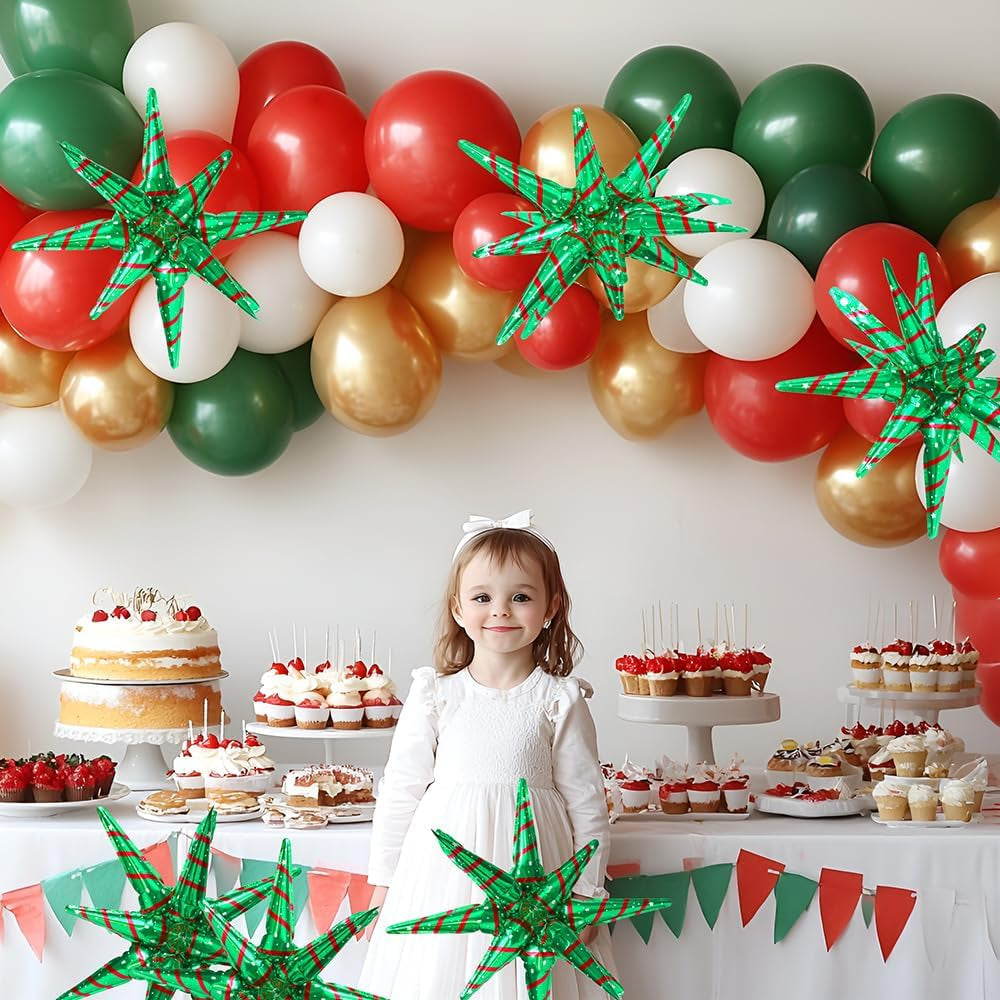 4D Red Green Balloon New Year Merry Christmas Decoration One-Piece Explosion Star Party Supplies, 6 Pack 22'' 14 Point Spike Star Cone Balloon Fireworks Balloons for Birthday Disco Casino Movie Night