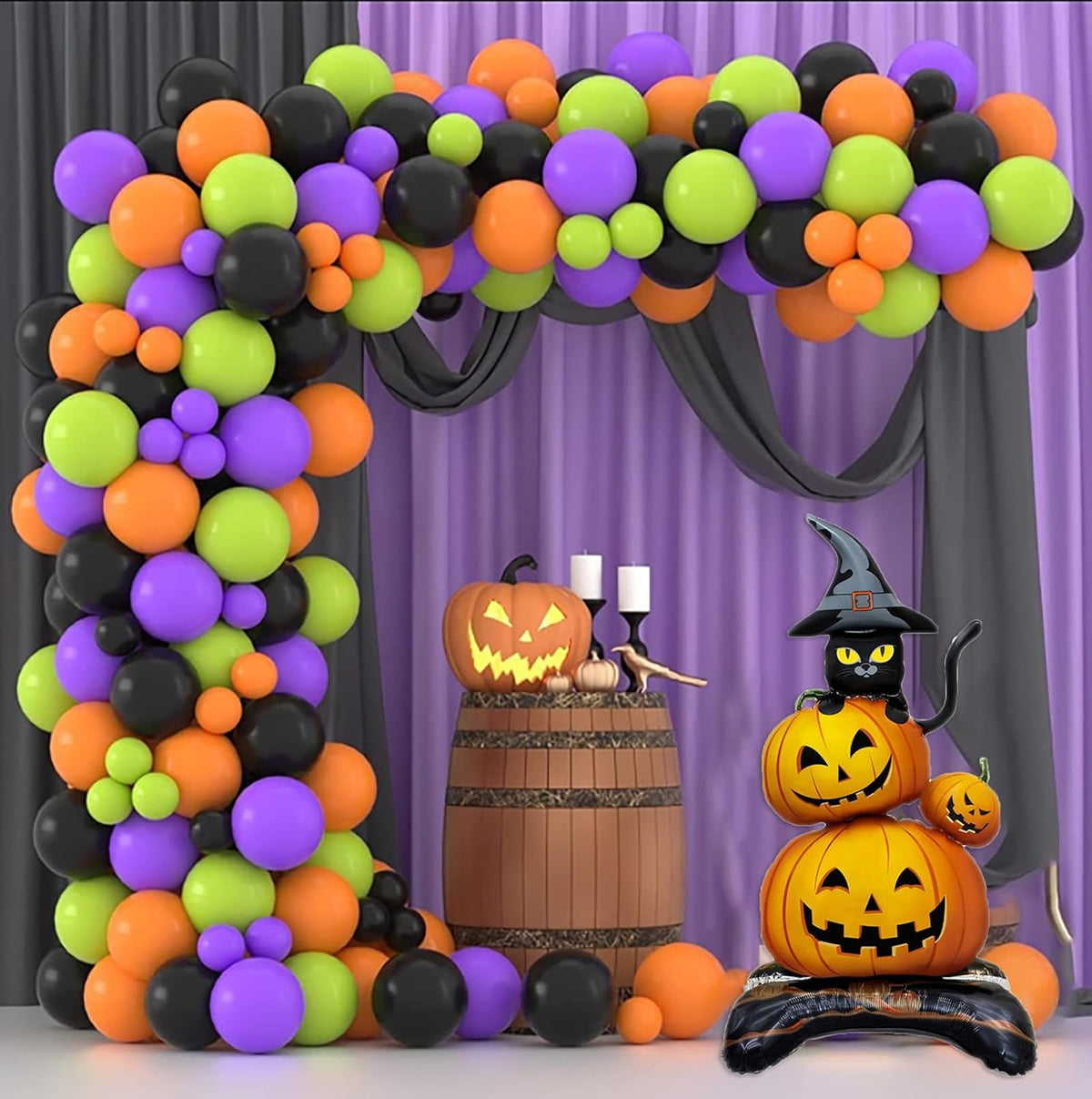 Halloween Inflatable Standing Balloons Giant Pumpkin Black Cat & Spider Web Scary Theme Foil Mylar Balloons for Day of the Dead Halloween Spooky Party Wall Inflatable Decorations