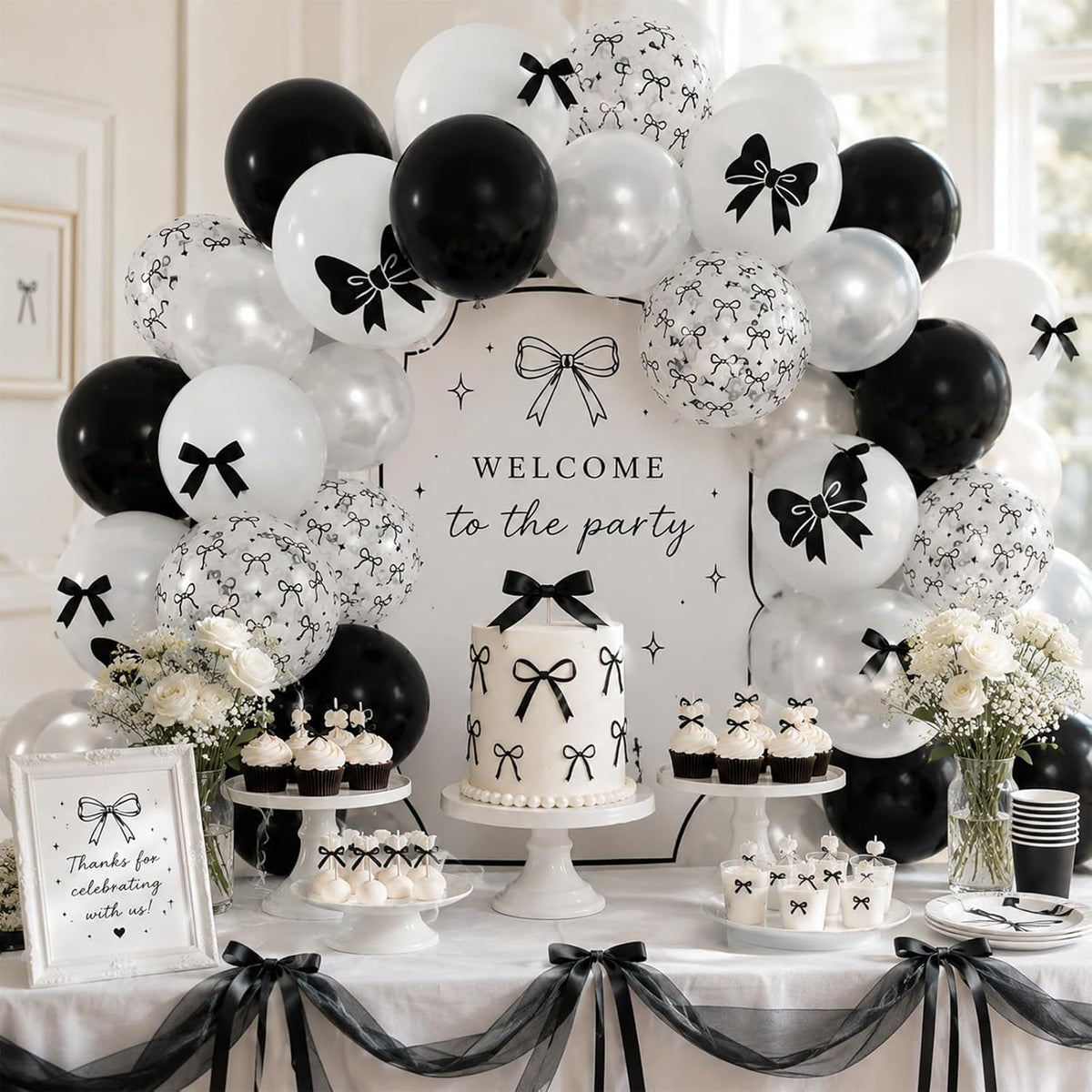 Black Bow Balloons 60PCS Printed Bow for Girls Birthday Bridal Shower Party