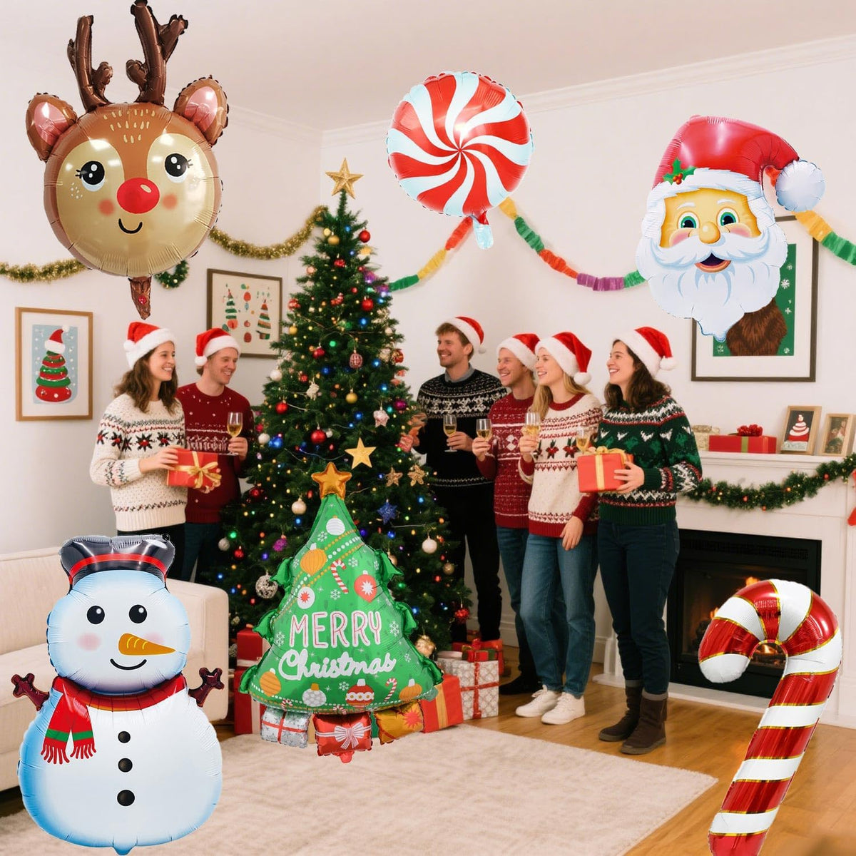 Christmas Foil Balloons Snowman Reindeer Santa Candy Cane Christmas Tree Balloons for Xmas Themed Party Decoration Supplies Winter Birthday Decoration Decor Ballons Arch Kits Party Balloon Set 6Pcs