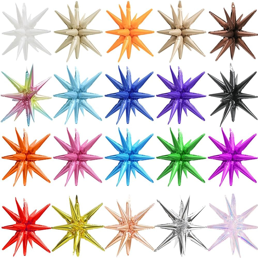 4D Red Green Balloon New Year Merry Christmas Decoration One-Piece Explosion Star Party Supplies, 6 Pack 22'' 14 Point Spike Star Cone Balloon Fireworks Balloons for Birthday Disco Casino Movie Night